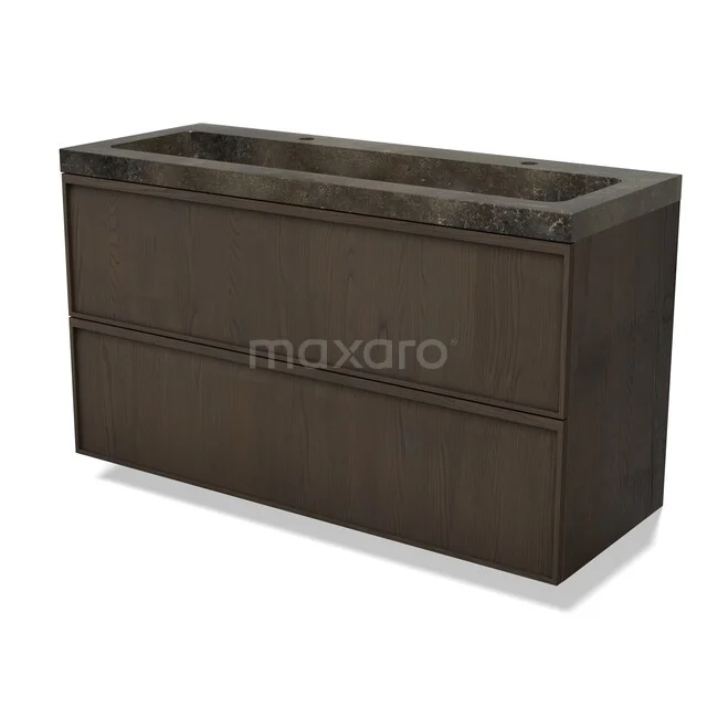 Wooden bathroom furniture in dark brown with a natural stone sink, sleek design and two spacious drawers for optimal storage space.