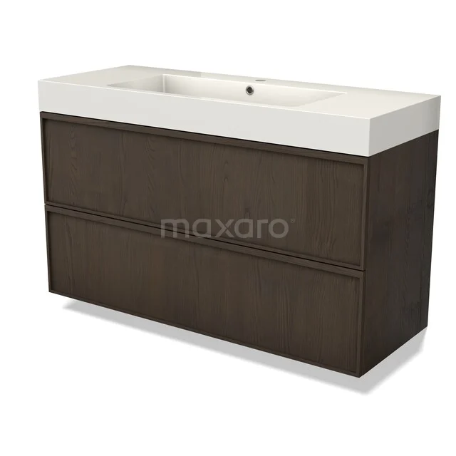 Dark wooden floating bathroom cabinet with a white ceramic sink, sleek design and two spacious drawers.
