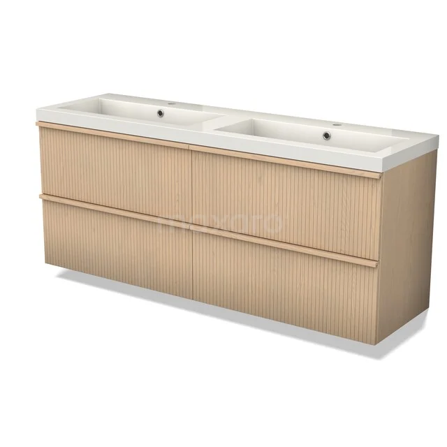 Modulo Plus Vanity units with basin | 160 cm Naturel eik Ribbel front Mineral marble 4 drawers BMW48-00002 Houten dubbele wastafelonderkast met witte keramische wasbakken, modern design, perfect voor een stijlvolle badkamer.