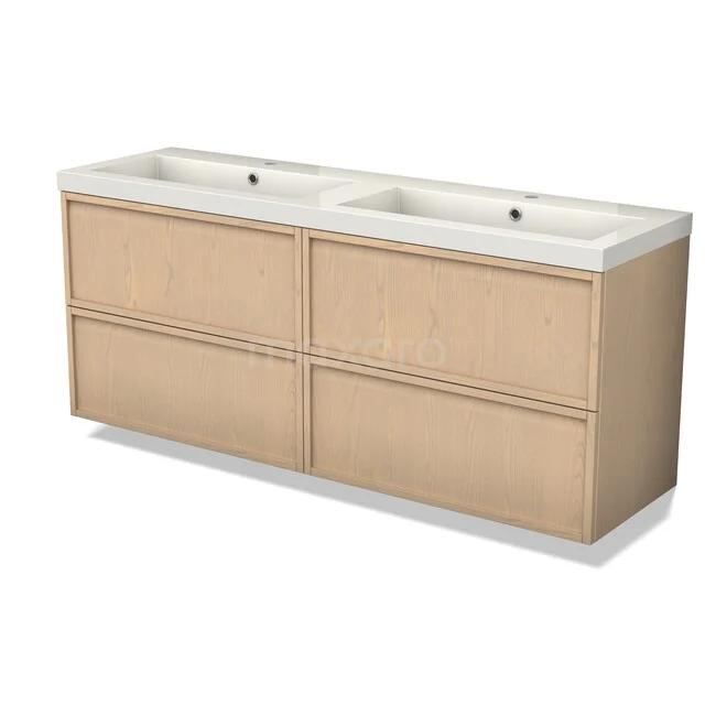 Modulo Plus Vanity units with basin | 160 cm Natural oak Framework front Mineral marble 4 drawers BMW48-00004 Houten badkamermeubel met dubbele witte wastafel, modern design, vier lades, naturel eiken kleur, perfecte opbergruimte.