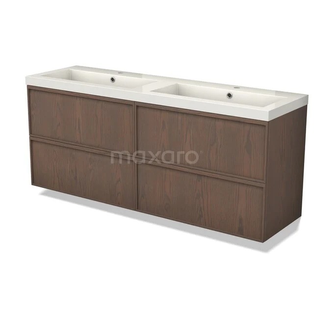 Modulo Plus Badkamermeubel met wastafel | 160 cm Cacao eik Lijst front Mineraalmarmer 4 lades BMW48-00010 Wastafelmeubel dubbel met donkerhouten look, vier lades en witte keramische wastafel, ideaal voor ruime badkamers.