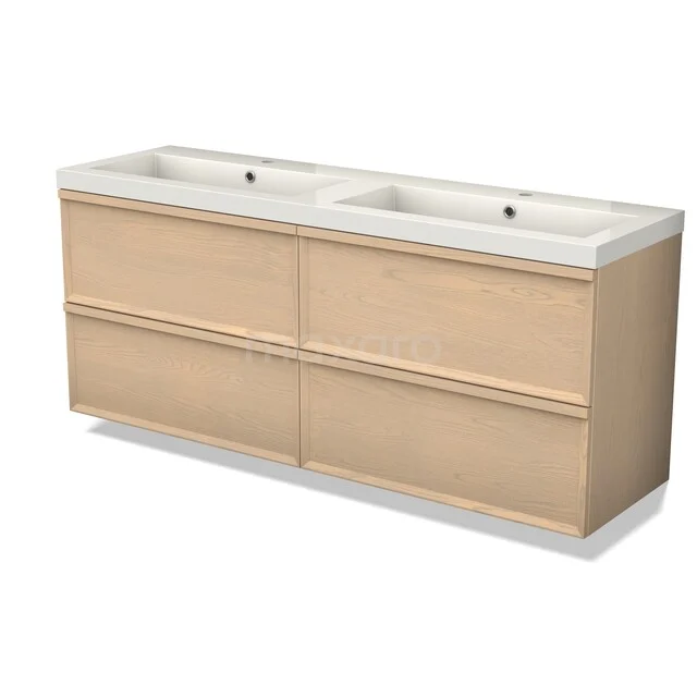 Modulo Plus Badkamermeubel met wastafel | 160 cm Naturel eik Facet front Mineraalmarmer 4 lades BMW48-00003 Houten badkamermeubel met dubbele wastafel, lichte eikenlook, moderne afwerking en vier ruime opberglades.