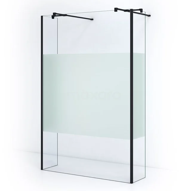 Glass walk-in shower with black metal profiles, frosted glass detail and sleek design for a modern bathroom style.