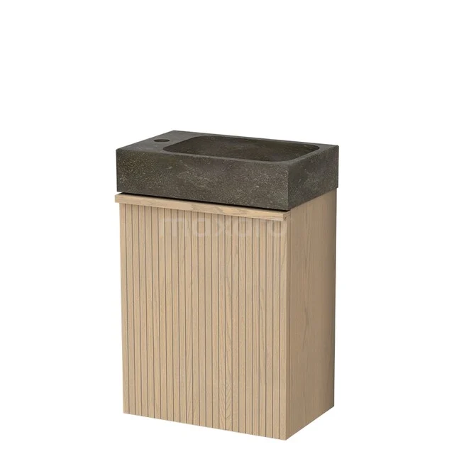 Toilet furniture with basins TMW10-00872 Houten badkamermeubel met ribbelpatroon en donkergrijze wastafel van betonlook, modern design.