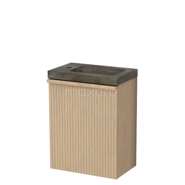 Modulo Plus Pico Toiletmeubel met wastafel | 40 cm Naturel eik Ribbel front Natuursteen TMW10-00884 Houten wasmand met ribbelpatroon en donkergrijs deksel, perfect voor stijlvol gebruik in de badkamer.