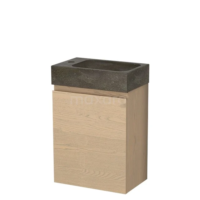 Holz-Badschrank mit kompaktem Design und schwarzer Waschtischplatte im Betonlook; stilvoll und platzsparend für das moderne Badezimmer.