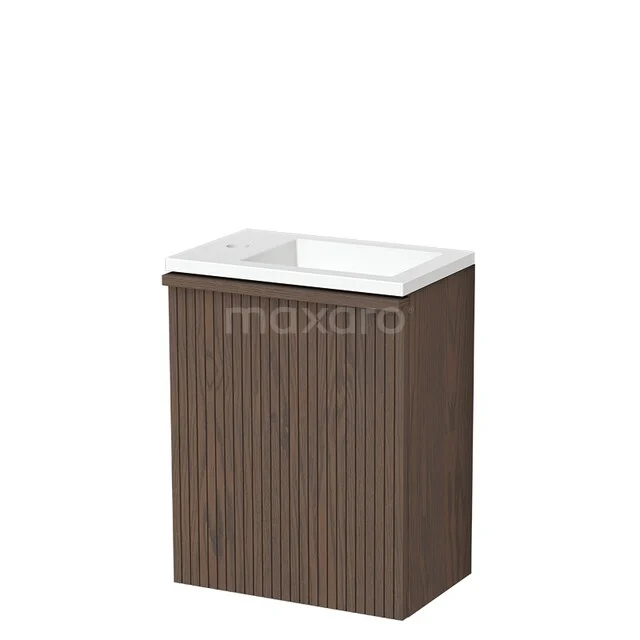 Modulo Plus Pico Toiletmeubel met wastafel | 40 cm Cacao eik Ribbel front Solid surface TMW10-00932 Houten badkamermeubel met verticale lijnen en wit wastafelblad, compact design ideaal voor kleine badkamers.