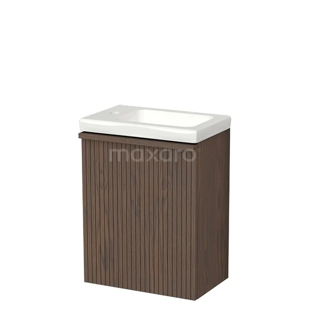 Toilet furniture with basins TMW10-00934 Houten badkamermeubel met verticale strepen, donkerbruin, inclusief witte wastafel, compact design voor kleine badkamers.