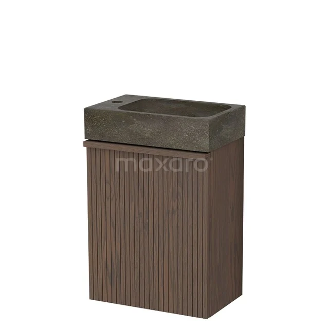 Modulo Plus Pico WC-Möbel mit Waschbecken | 40 cm Kakao Eiche Gerippte Front Naturstein TMW10-00938 Kompakte Badezimmermöbel aus dunklem Holz mit Rippmuster und anthrazitfarbenem Waschbecken, perfekt für ein stilvolles und modernes Badezimmer.