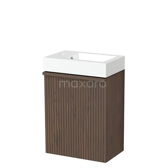 Toilet furniture with basins TMW10-00940 Compact houten badkamermeubel met witte keramische wastafel, ribbelpatroon en eigentijds design, ideaal voor kleine badkamers.