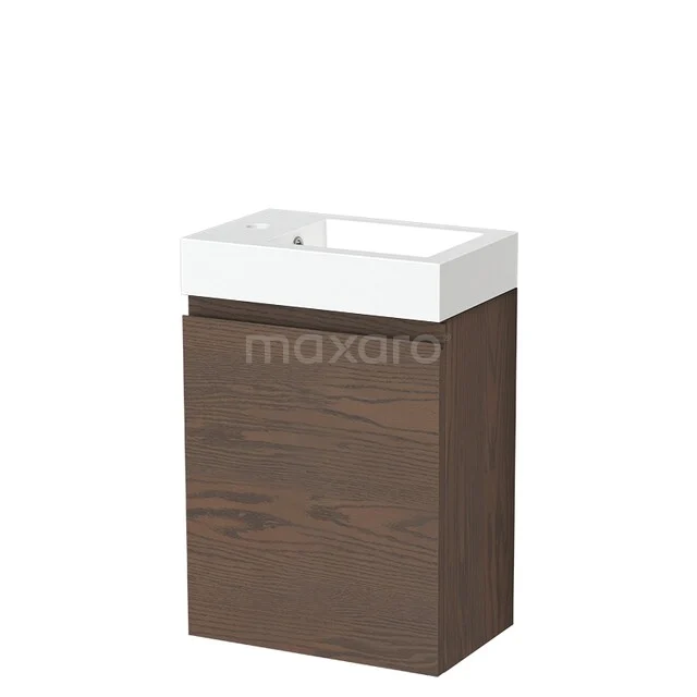 Compacte wastafelmeubel in houtlook met witte keramische wastafel, ideaal voor een stijlvolle en ruimtebesparende badkamer.