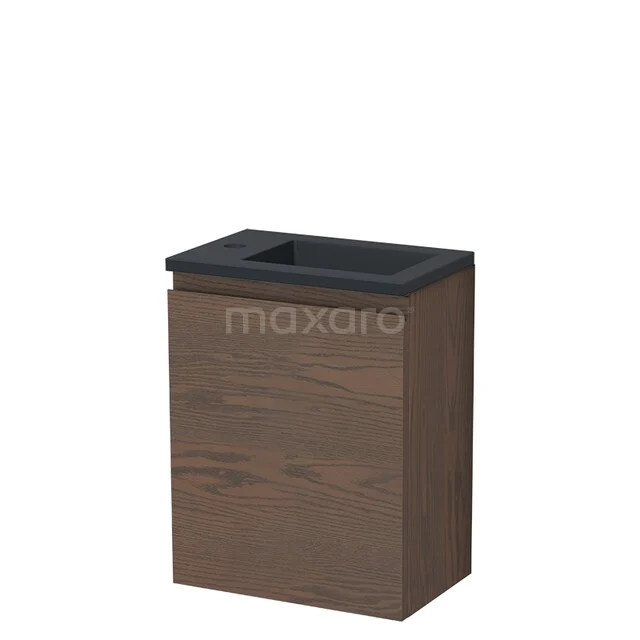 Modulo Plus Pico Toiletmeubel met wastafel | 40 cm Cacao eik Greeploos front Quartz TMW10-00966 Houten badkamerkast met donkere wastafel, compacte wandmontage. Eiken look, ideaal voor moderne badkamerruimtes.