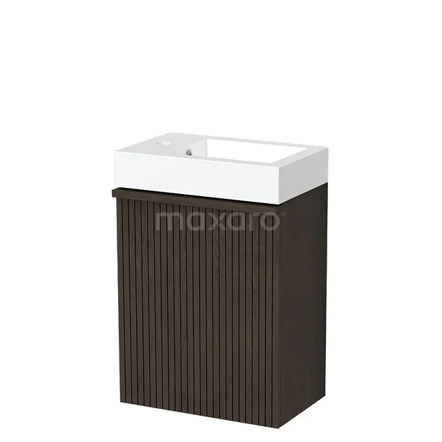 Dunkelholz Badezimmermöbel mit weißem Waschbecken, modernes Design und vertikalen Linien, ideal für kompakte Bäder.