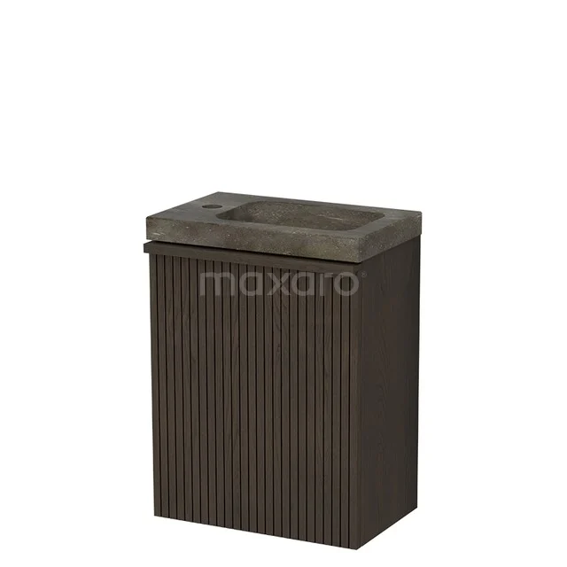 Modulo Plus Pico Toiletmeubel met wastafel | 40 cm Espresso eik Ribbel front Natuursteen TMW10-01016 Donkerbruine houten wasmand met geribbeld design, ideaal voor een stijlvolle en georganiseerde badkamer.