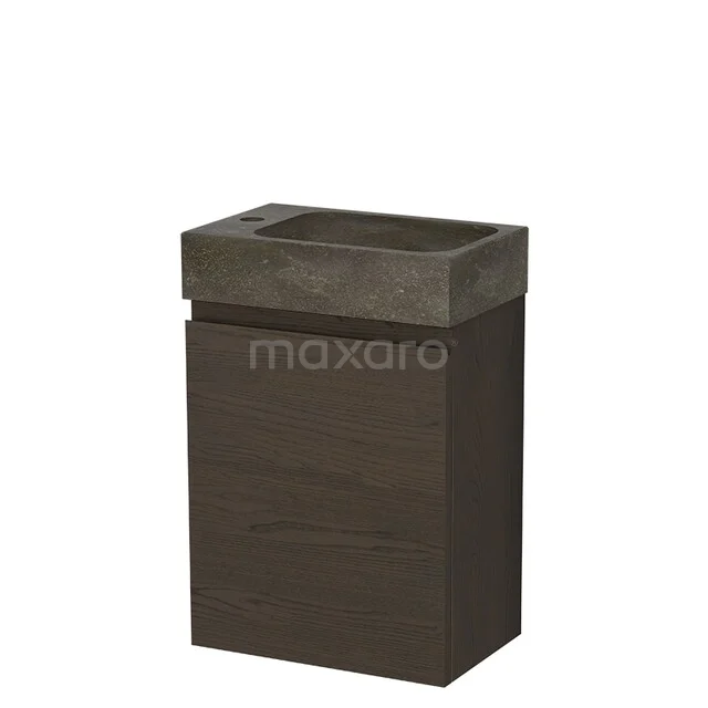 Waschtisch mit dunklem Holzschrank, Betonwaschbecken, kompaktes Design, ideal für kleine Bäder.