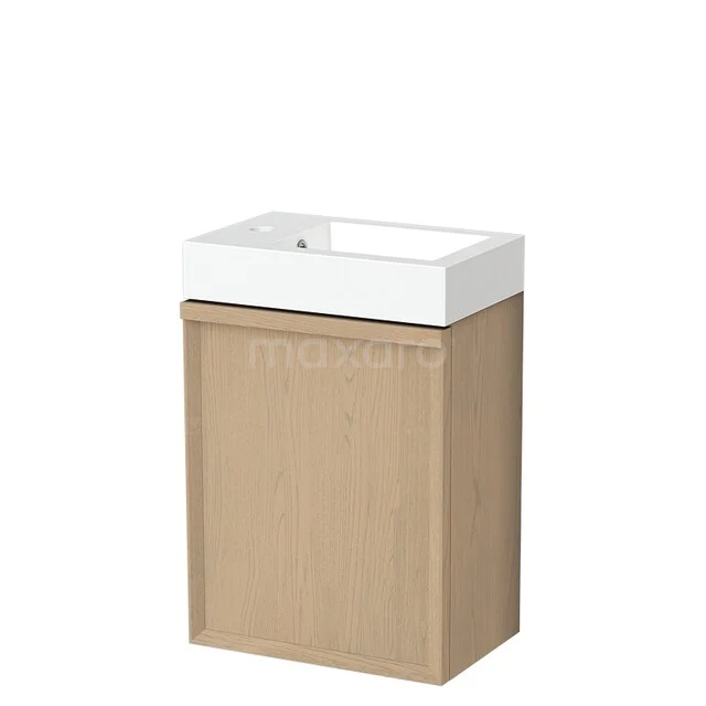 Eichenholz Badmöbel mit weißem Keramik Waschbecken, kompaktes Design ideal für kleine Bäder.