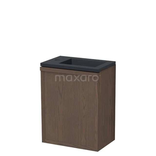 Houten badkamerkast met donkere waskom, compact modern ontwerp, ideaal voor kleine badkamers.