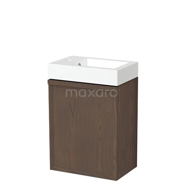 Brauner Holz-Waschbeckenunterschrank mit weißem Keramik-Waschbecken, kompaktes Design ideal für kleine Bäder.