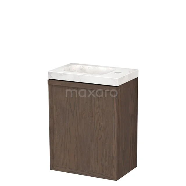 Modulo Plus Pico Toiletmeubel met wastafel | 40 cm Cacao eik Facet front Natuursteen TMW10-00924 Bruine houten badkamermeubel met witte keramische wasbak, compact ontwerp, ideaal voor kleine badkamers.