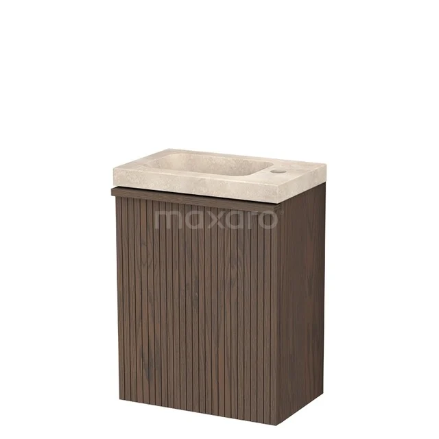 Modulo Plus Pico WC-Möbel mit Waschbecken | 40 cm Kakao Eiche Gerippte Front Naturstein TMW10-00936 Kompakter Holz-Waschtisch mit vertikalen Rillen, beigem Waschbecken und modernem Badezimmerdesign.