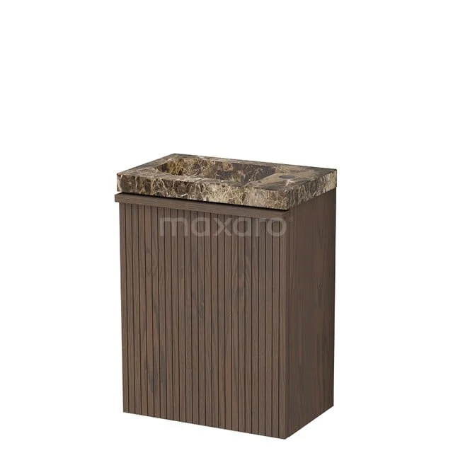 Modulo Plus Pico Toiletmeubel met wastafel | 40 cm Cacao eik Ribbel front Natuursteen TMW10-00948 Donkerbruine badkamerkast met marmeren wasbak, ribstructuur en compacte vorm voor een luxe en moderne badkamerstijl.