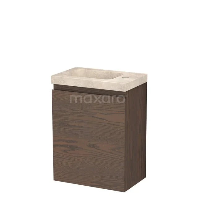Modulo Plus Pico Toiletmeubel met wastafel | 40 cm Cacao eik Greeploos front Natuursteen TMW10-00958 Compact badkamermeubel met houtlook kast en beige marmeren wasbak, ideaal voor een moderne en stijlvolle badkamer.