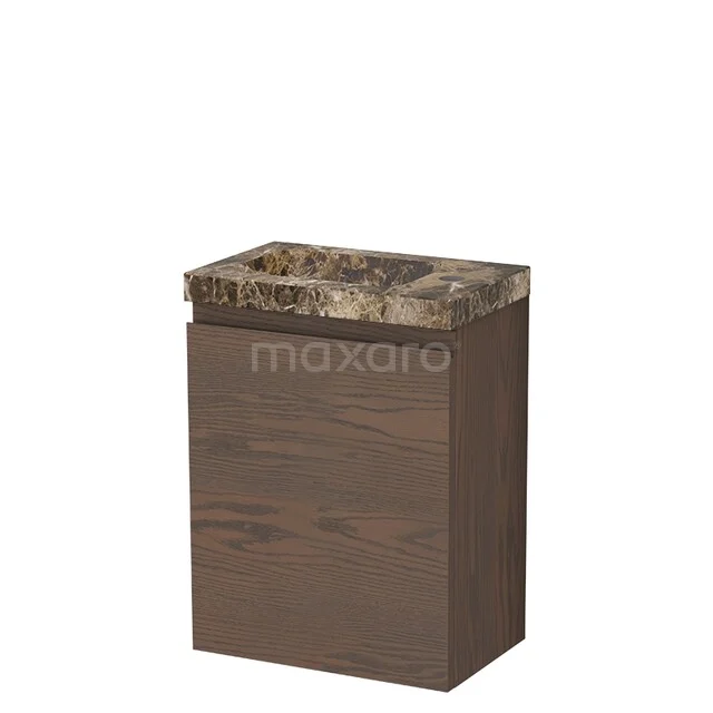 Modulo Plus Pico Toiletmeubel met wastafel | 40 cm Cacao eik Greeploos front Natuursteen TMW10-00959 Houten badkamerkast met marmeren wastafel in bruintinten, compact ontwerp, ideaal voor luxe en moderne badkamers.