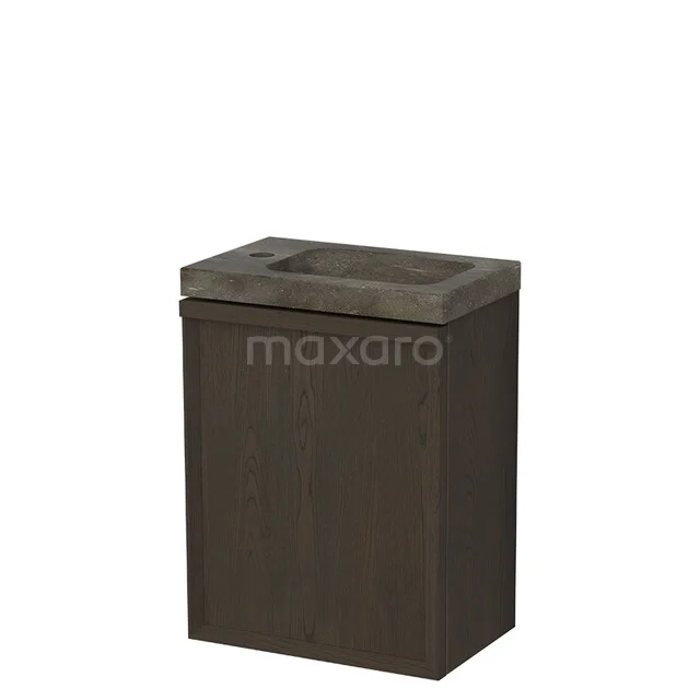 Houten badkamerkast donkerbruin met vierkante wastafel, modern design, ideaal voor compacte badkamers.