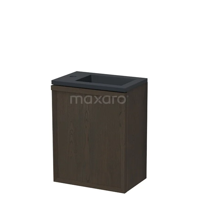 Donkerhouten badkamerkast met zwarte wasbak, compact design, ideaal voor moderne badkamers.