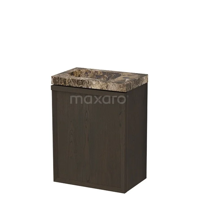 Dunkelbrauner Holz-Badschrank mit Naturstein-Waschtischplatte, kompaktes Design für moderne Bäder.