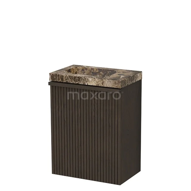 Modulo Plus Pico Toiletmeubel met wastafel | 40 cm Espresso eik Ribbel front Natuursteen TMW10-01003 Bruine badkamerkast met marmeren wastafel, ribbelstructuur en modern design voor een stijlvolle badkamerinrichting.