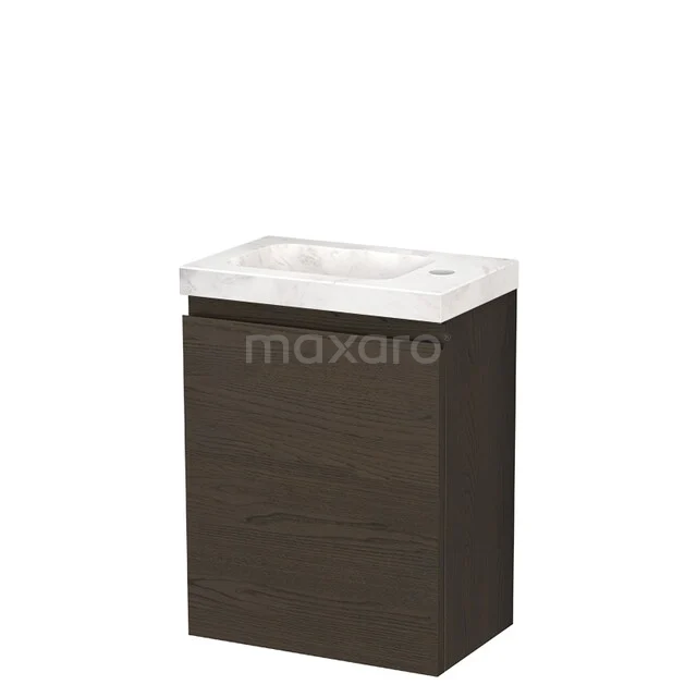 Wastafelmeubel donker hout, compact design met witte keramische wastafel, ideale oplossing voor kleine badkamers.