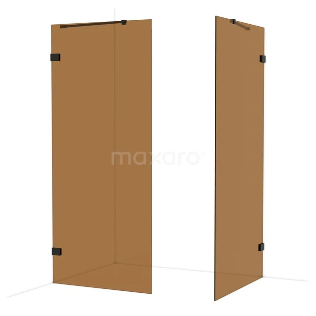 Bruine glazen douchewand met hoekopstelling, mat zwarte scharnieren, ideaal voor een stijlvolle badkamer.