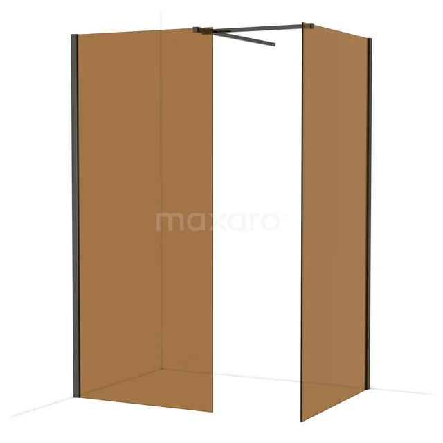 Braune Gläserne Duschwand mit schwarzen Profilen, geräumige begehbare Dusche für einen modernen Badezimmerstil.