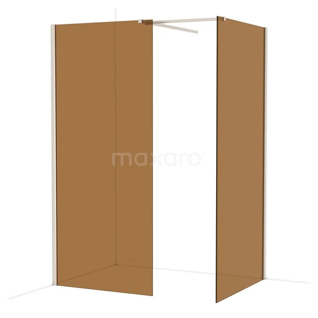 Bronze glass shower wall, corner setup, frameless design with minimalist black metal supports, ideal for modern bathrooms.