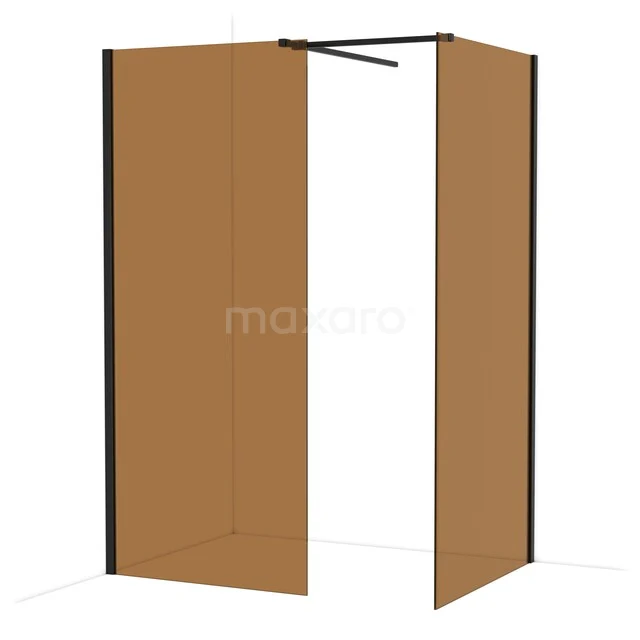 Braune Glas-Duschwand mit schwarzem Rahmen, zweigeteiltes Design, ideal für eine stilvolle und moderne Badezimmergestaltung.