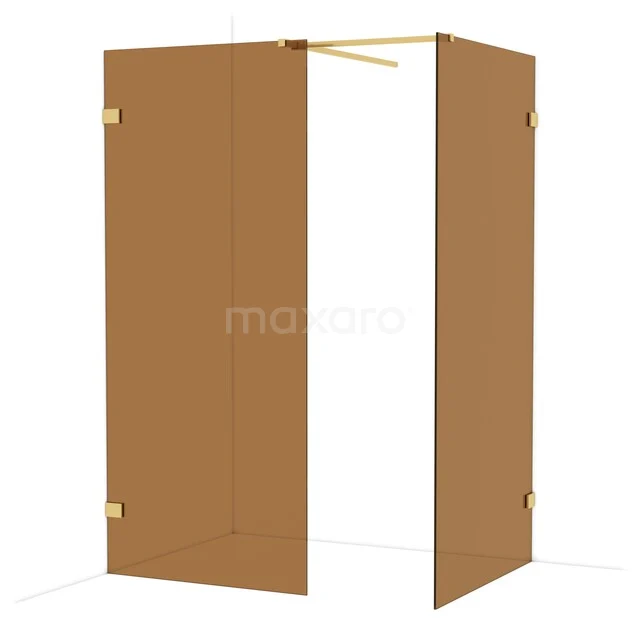 Gouden aluminium hoekdouchewand met twee glazen deuren, ideaal voor moderne badkamerinrichting.