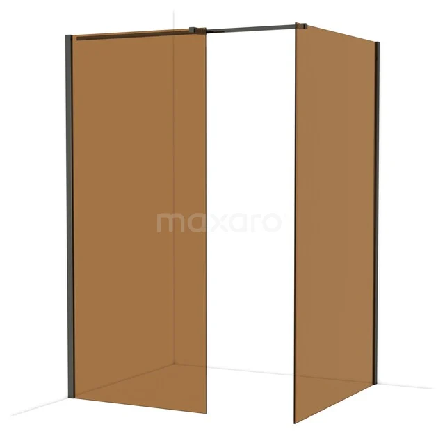 Matte bronzen douchewand met zwarte profielen, hoekopstelling, ideaal voor een moderne badkamerinrichting.