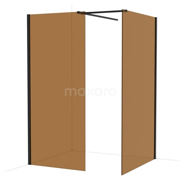 Diamond Walk-in shower | 120x90 cm Matte black Bronsglas 2 fixed walls IDB0912519MB Bruine industriële douchewand met zwart frame en hoekopstelling, ideaal voor een stijlvolle badkamerindeling.