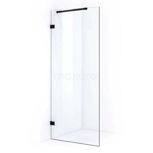 Clear glass shower door, rectangular with black hinges, ideal for modern bathrooms.