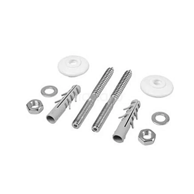 Wall mounting set for toilet, stainless steel, including screws, plugs and washers, suitable for modern bathroom installations.