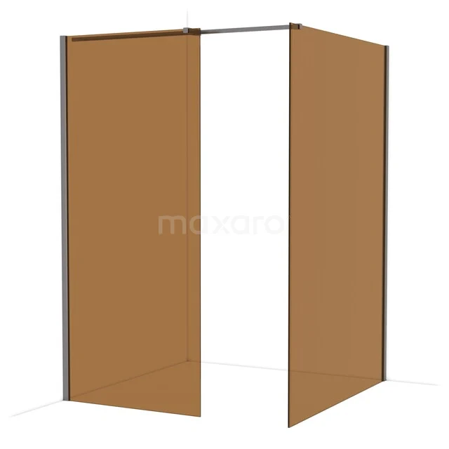 Diamond Walk-in shower | 140x90 cm Black metal Bronze glass 2 fixed walls IDB0914319ZM Shower wall with corner installation, gold-coloured glass, matte black frame, modern design for stylish bathroom decor.