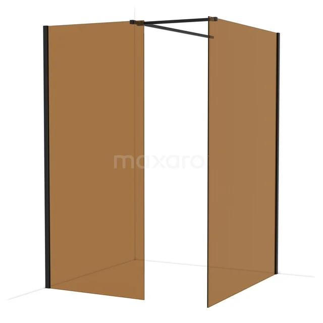 Douchewand met hoekopstelling, mat zwart frame, bruin glas, ideaal voor een moderne badkamerinrichting.