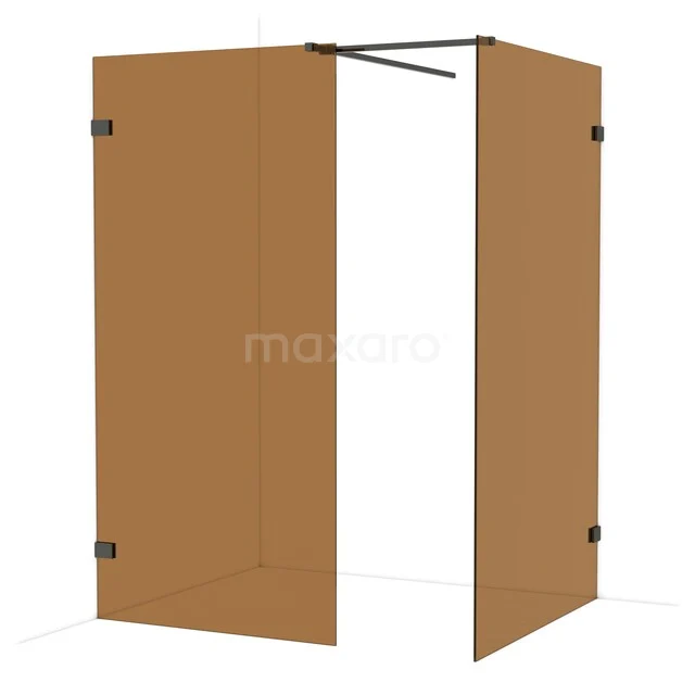 Brown glass shower screen with matte black hinges, including stabilisation bar, suitable for modern bathrooms.