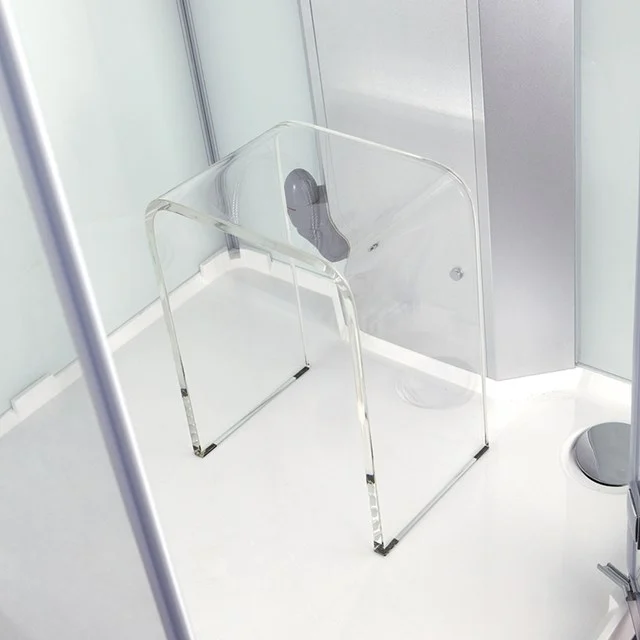 Transparente Duschhocker aus Acrylglas mit modernem Design, perfekt als stilvolle und funktionale Badezimmerlösung.