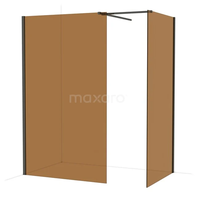 Matglazen douchewand in warm amberkleur met zwarte profielen, ideaal als stijlvol badkamerdecor en ruimteverdeler.