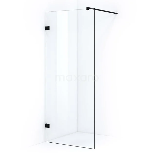 Quartz Walk-in shower | 90 cm Matte black Clear glass Fixed wall IQA09300M Clear glass shower screen with black hinges, minimalist design, ideal for a modern bathroom.