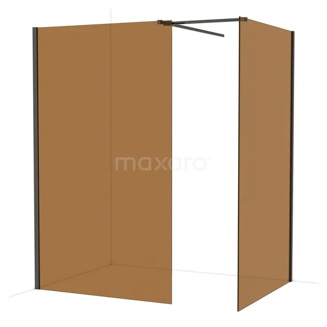 Shower wall with corner installation, gold-coloured glass and black profiles, stylish and modern design for the bathroom.