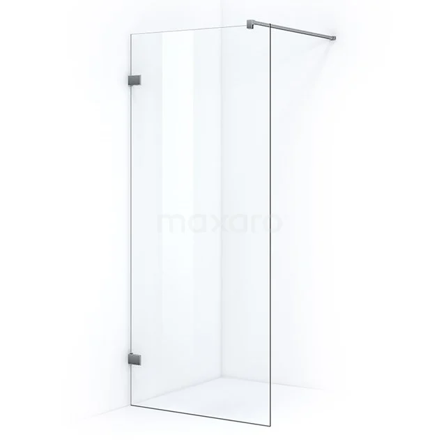 Glass shower screen with door and stabilising bar, frameless design, clear safety glass, perfect for a modern bathroom.