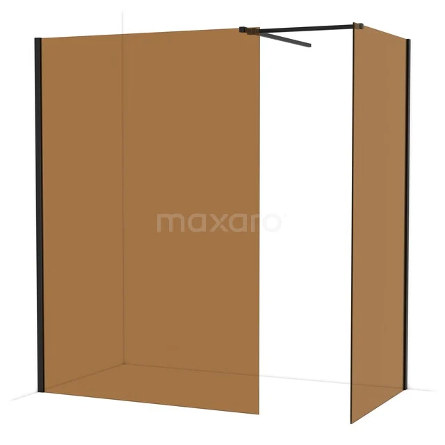 Diamond Inloopdouche | 140x100 cm Mat zwart Bronsglas 2 vaste wanden IDB1410519MB Luxe douchewand in warme amberkleur, mat glas, met zwarte lijnen; strak design voor moderne badkamers.